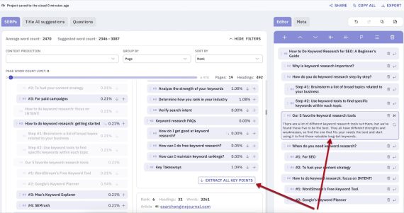 Screenshot from Keyword Insights showing the analysis for a content brief