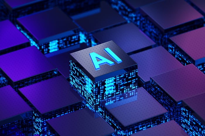 A digital rendering of computer chips, with one labelled AI.