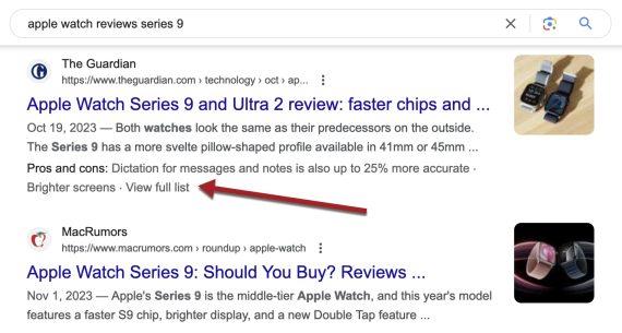 Screenshot of partial search results for "apple watch reviews series 9."