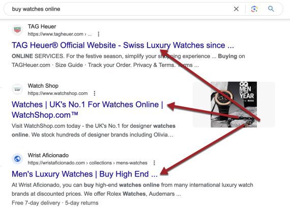 Screenshot of partial search results for the query "buy watches online." 