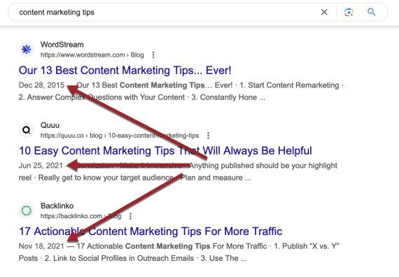 Screenshot of partial search results for the query "content marketing tips."