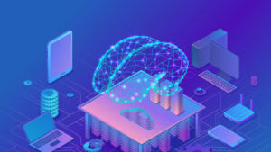 Purple and blue graphic of brain over top of data center, smartphone, laptop and various other tech, symbolizing artificial intelligence and AI stocks