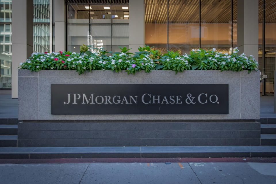 MANHATTAN, NEW YORK, UNITED STATES - 2023/09/14: Marquee at the main entrance to JPMorgan Chase headquarters building in Manhattan. (Photo by Erik McGregor/LightRocket via Getty Images)
