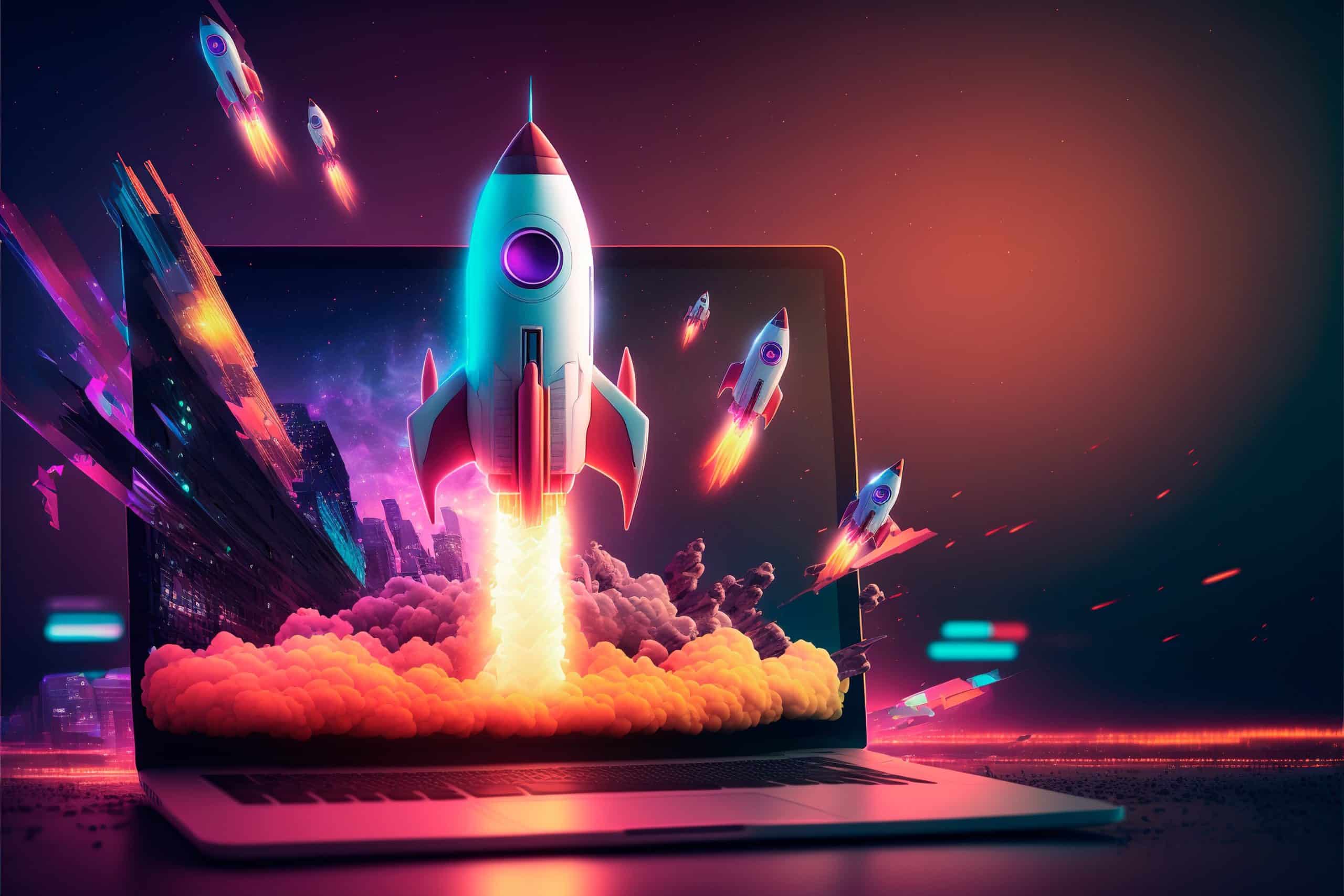 A rocket taking off from a laptop, symbolizing new cryptocurrency picks from Crypto YouToubers expected to pump in 2024.