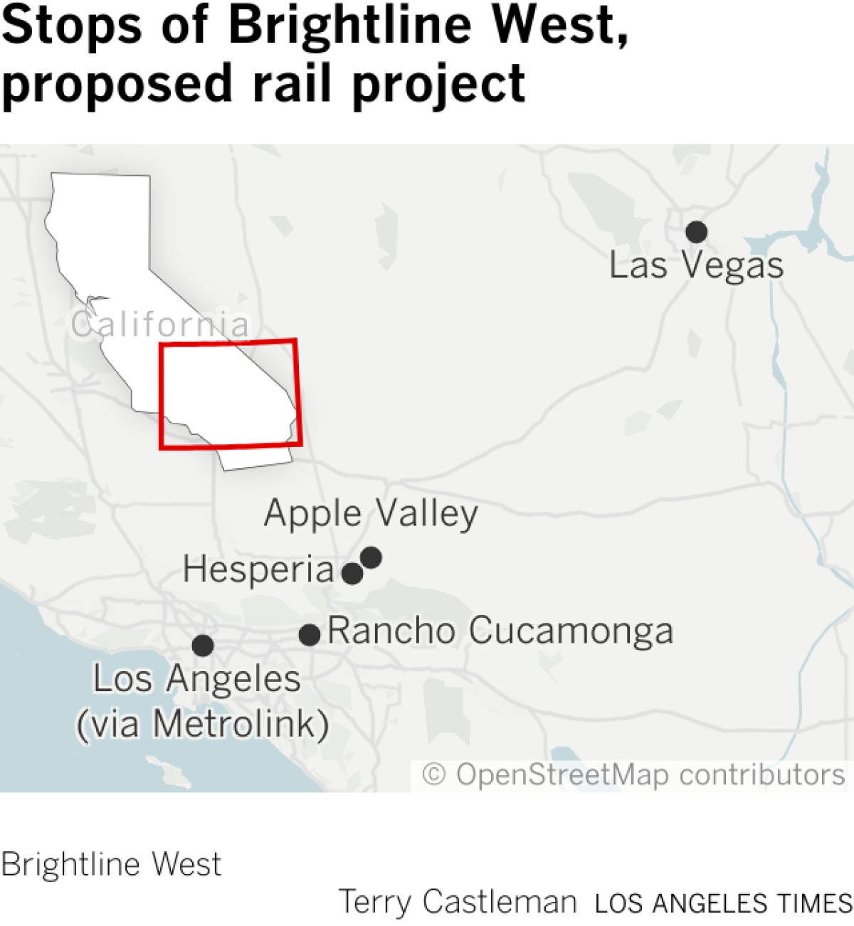 Map showing cities to be connected by proposed high speed rail project in Southern California and Nevada.