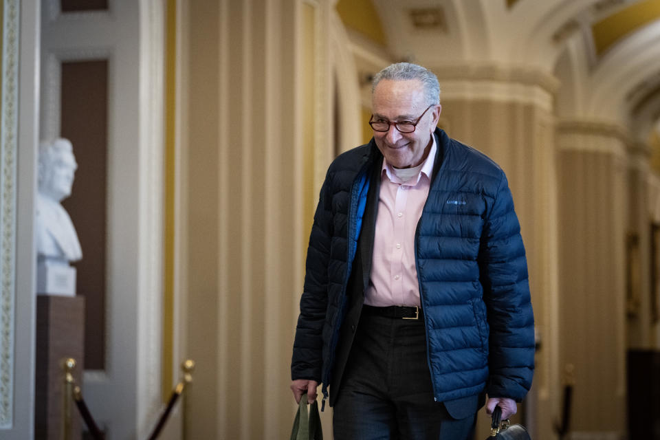 WASHINGTON, DC - JANUARY 16: Senate Majority Leader Chuck Schumer (D-NY) walks to his office as he arrives at the U.S. Capitol January 16, 2024 in Washington, DC.  The Senate returns today to begin work on a stopgap spending measure that will keep the government funded through March 1. (Photo by Drew Angerer/Getty Images)