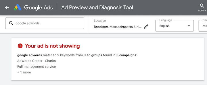 google ads preview tool - ad not showing