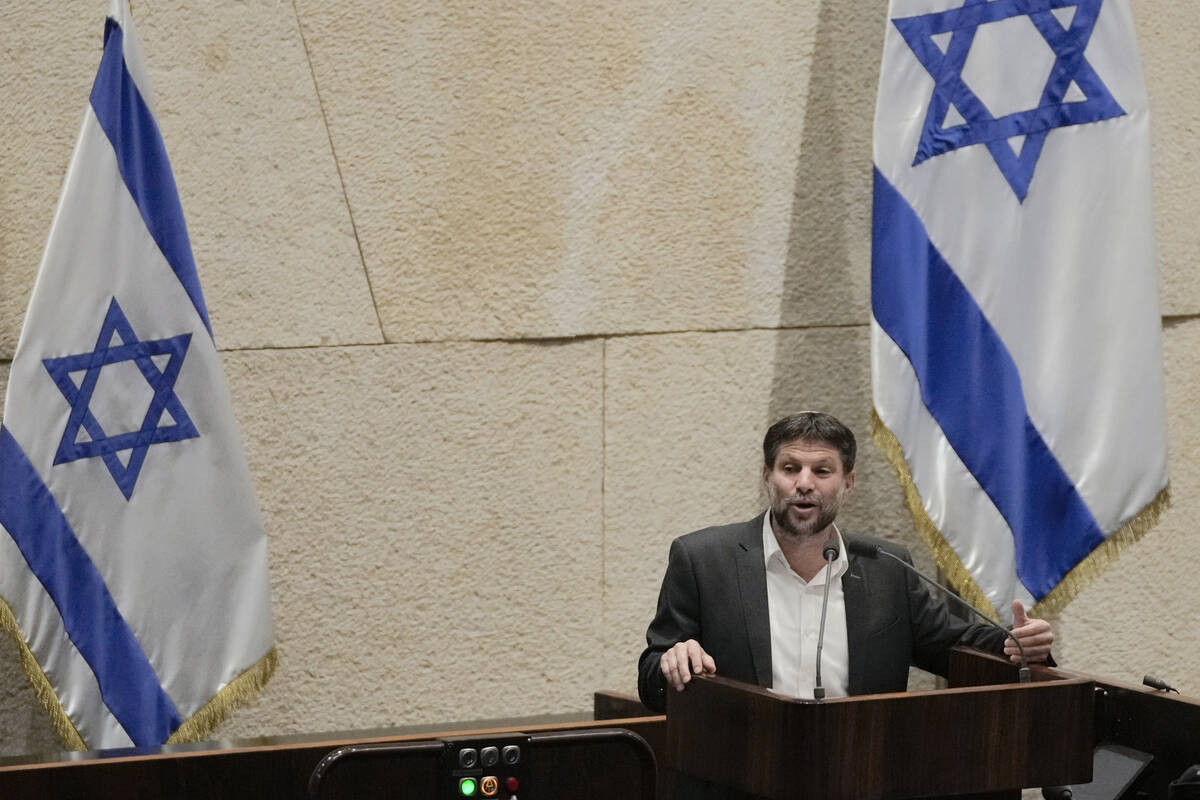 FILE - Bezalel Smotrich, Israeli Minister of Finance, addresses the parliament in Jerusalem, Ma ...