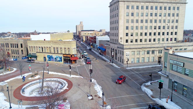 Opera House Square at Main Street and Algoma Blvd. in Oshkosh on Tuesday, Jan. 4, 2022.  Drone  -  Photo by Jim Nelson and Mike De Sisti / The Milwaukee Journal Sentinel