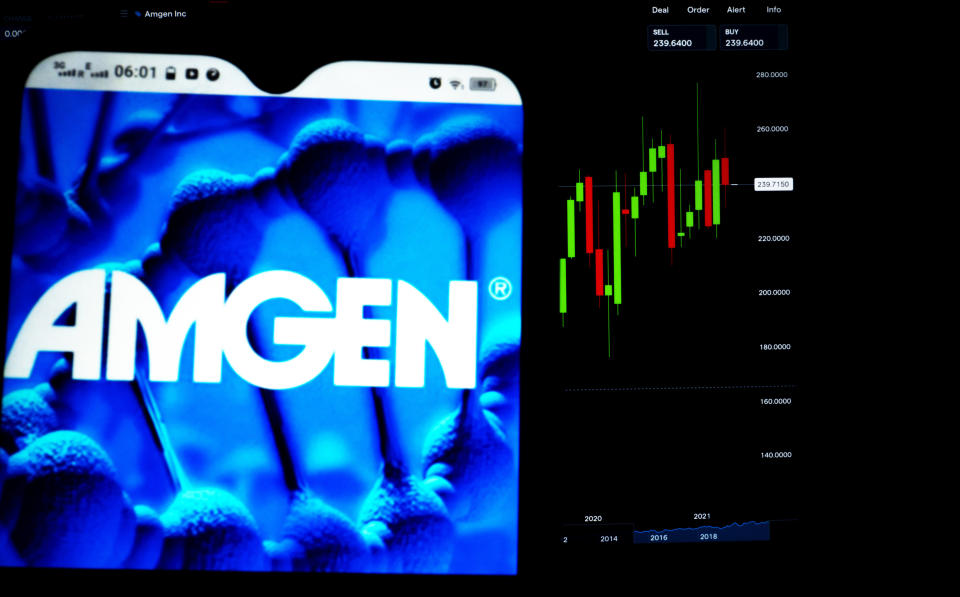 UKRAINE - 2021/05/03: In this photo illustration, Amgen Inc. logo seen displayed on a smartphone with the stock market information of Amgen Inc. in the background. (Photo Illustration by Igor Golovniov/SOPA Images/LightRocket via Getty Images)