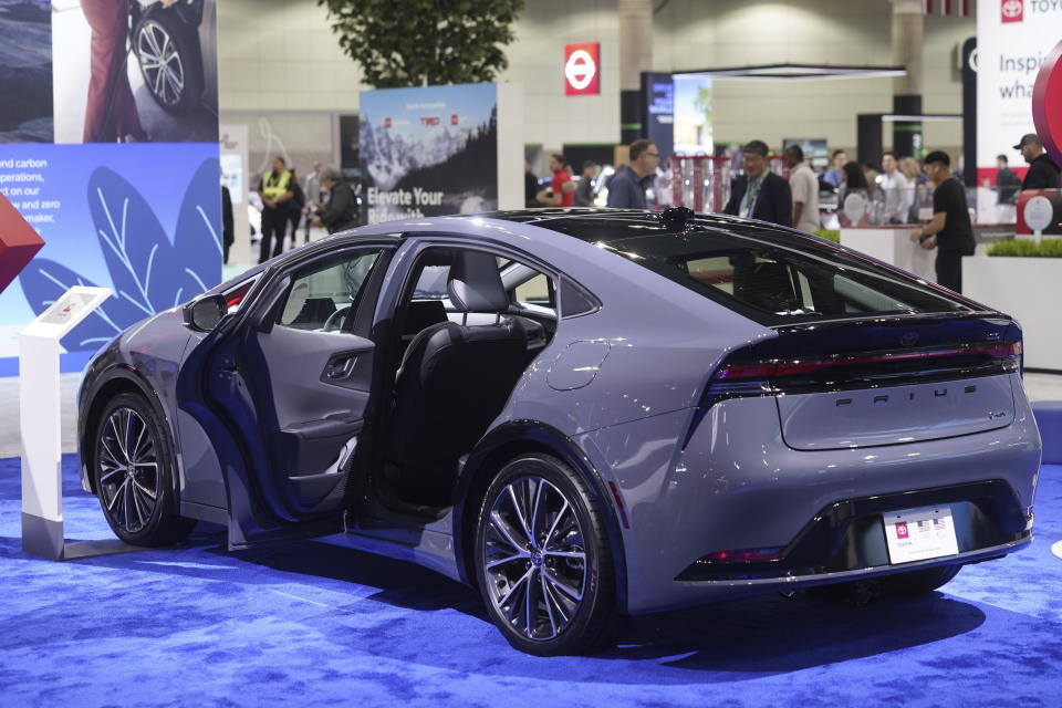 FILE - The Toyota Prius 2024 is displayed at the AutoMobility LA Auto Show, Thursday, Nov. 16, 2023, in Los Angeles. The Toyota Prius hybrid was selected as the 2024 North American Car of the Year, Thursday, Jan. 4, 2024. (AP Photo/Damian Dovarganes, File)