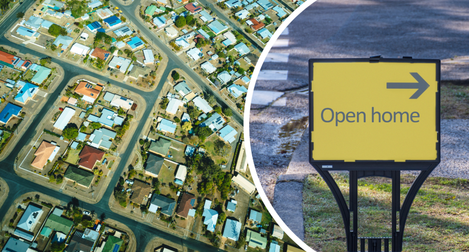 Bundaberg houses and open home property sign. Regional property prices.