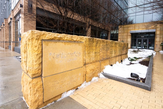 The only reminder of the once-bustling Nationwide Insurance office complex at 1200 Locust St. in Des Moines is the outline of the company's name on a dismantled sign.