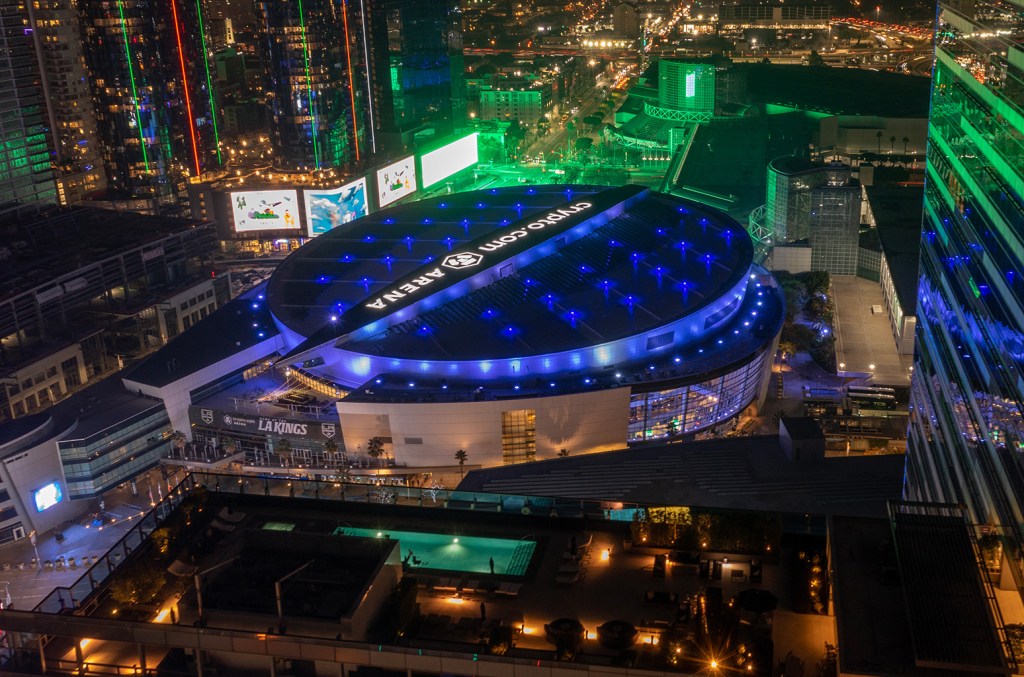 In an aerial view the Crypto.com Arena is seen in the downtown Los Angeles cityscape on December 19, 2022 in Los Angeles, California.