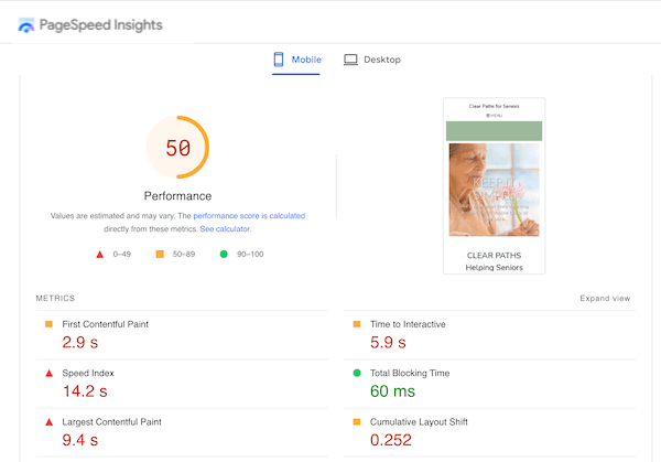 increase traffic to your website - pagespeed insights score example