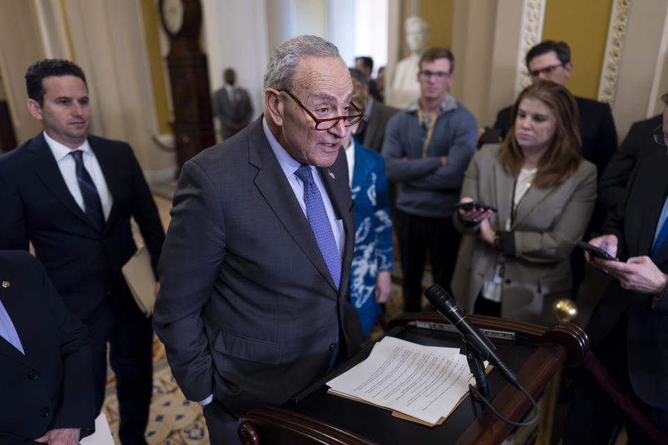 Senate Majority Leader Chuck Schumer, D-N.Y., meets with reporters to discuss efforts to pass the final set of spending bills to avoid a partial government shutdown, at the Capitol in Washington, Wednesday, March 20, 2024. (AP Photo/J. Scott Applewhite)