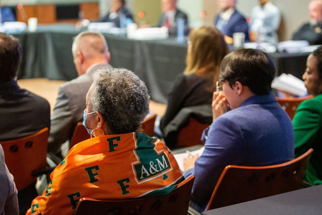 A Florida A&M supporter wears a FAMU jacket during a Blueprint meeting on Thursday, Feb. 29, 2024.