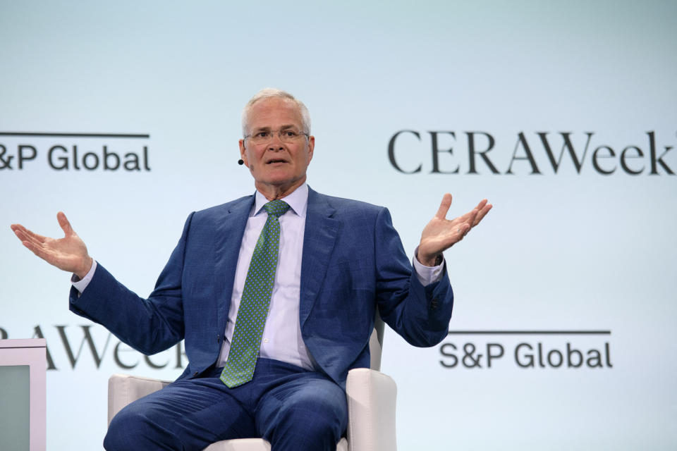 Exxon Mobil Chairman & CEO Darren Woods speaks during the CERAWeek oil summit in Houston, Texas, on March 18, 2024. (Photo by Mark Felix / AFP) (Photo by MARK FELIX/AFP via Getty Images)