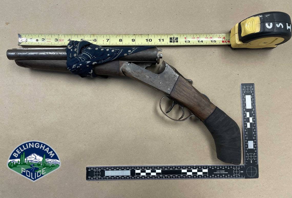 This is an illegal shotgun as it is shorter than 18 inches. It was found at an illegal encampment behind the Walmart on Guide Meridian Oct. 17, 2023.