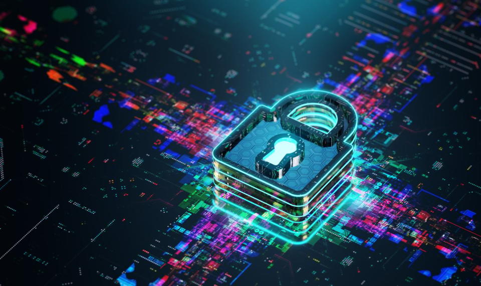 A digital-looking padlock sits on a colorful, technology-themed backdrop.