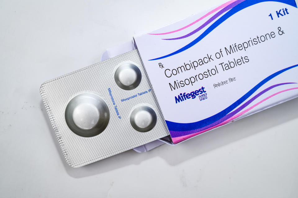 Mifepristone, also known as RU-486, is a medication typically used in combination with misoprostol to bring about a medical abortion during pregnancy and manage early miscarriage. A United States appeals court has ruled to restrict access to the abortion pill mifepristone, ordering a ban on telemedicine prescriptions and shipments of the drug by mail, this issue has created uproar in the USA, according to a report. It also limited its use to up to seven weeks of pregnancy, rather than 10. Mifepristone's availability remains unchanged for now, following an emergency order from the US Supreme Court in April preserving the status quo during the appeal. A Box of Mifepristone Pills photo was taken at a pharmacy in Tehatta, West Bengal; India on 18/08/2023.  (Photo by Soumyabrata Roy/NurPhoto via Getty Images)