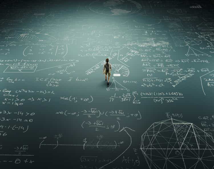 Man walking on ground full of math formulas . Education and problem solving concept