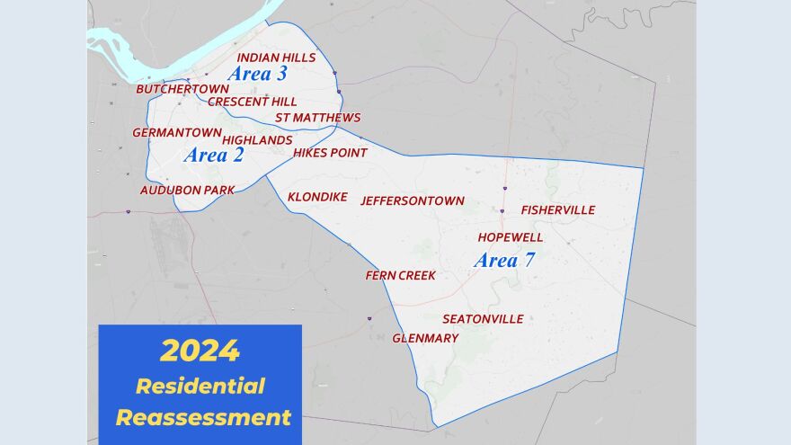 A map of eastern Jefferson County, showing the areas that were reassess in 2024