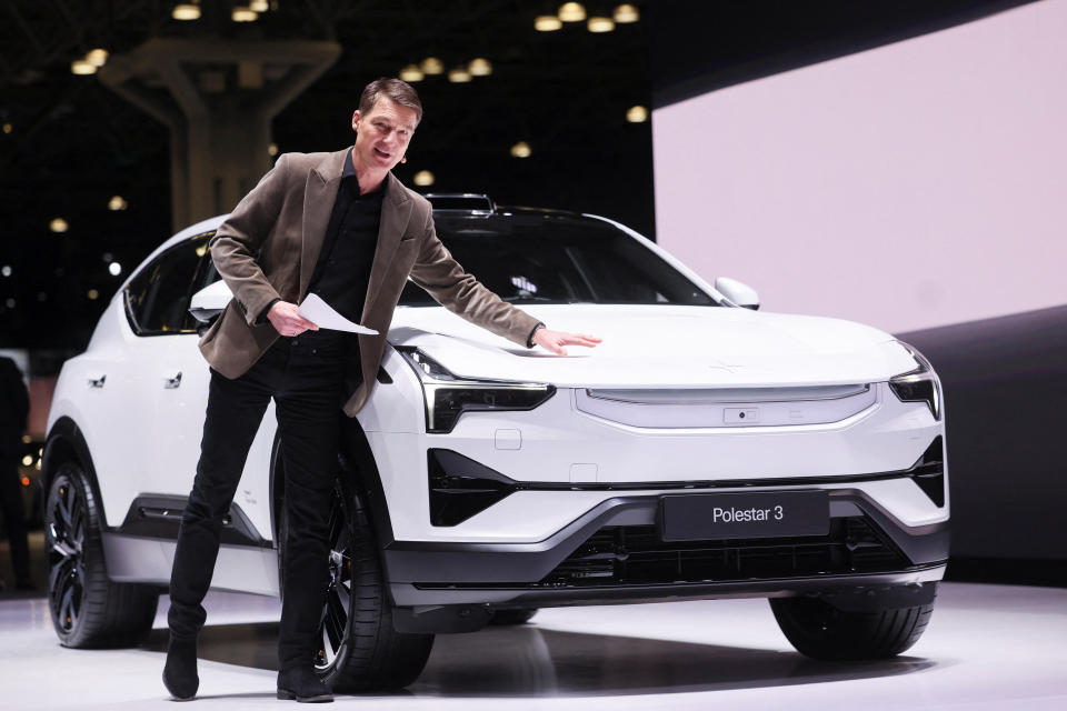 Polestar Chief Executive Thomas Ingenlath speaks next to the Polestar 3 electric SUV at the New York International Auto Show Press Preview, in Manhattan, New York City, U.S., March 27, 2024. REUTERS/Brendan McDermid
