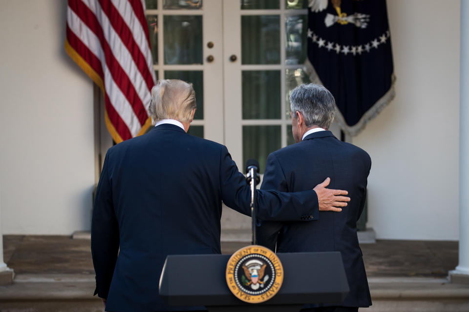 WASHINGTON, DC - NOVEMBER 02: (L to R) U.S. President Donald Trump and his nominee for the chairman of the Federal Reserve Jerome Powell exit following a press event in the Rose Garden at the White House, November 2, 2017 in Washington, DC. Current Federal Reserve chair Janet Yellen's term expires in February. (Photo by Drew Angerer/Getty Images)