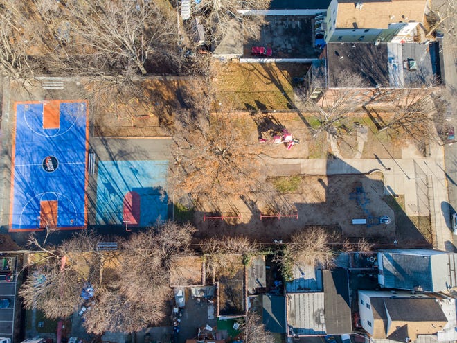 Aerial shot of Passaic's Colonel Johnson Park on Harrison Street.