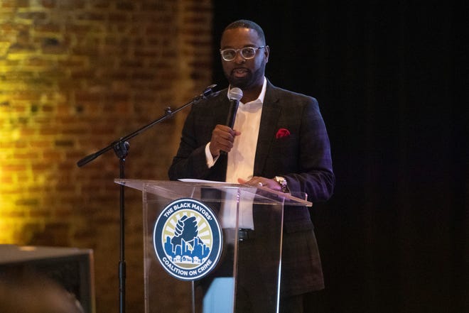 Memphis Mayor Paul Young gives opening remarks during the Black Mayors’ Coalition on Crime forum in Memphis, Tenn., on Thursday, March 28, 2024.