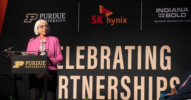 Director of the White House Office of Science and Technology Policy Arati Prabhakar speaks during the announcement of the partnership between Purdue University and SK hynix, Wednesday, April 3, 2024, at Purdue Memorial Union in West Lafayette, Ind.