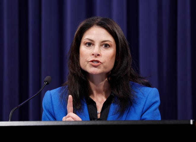 Michigan Attorney General Dana Nessel talks about charging former House Speaker Lee Chatfield, Tuesday, April 16, 2024, in Lansing.