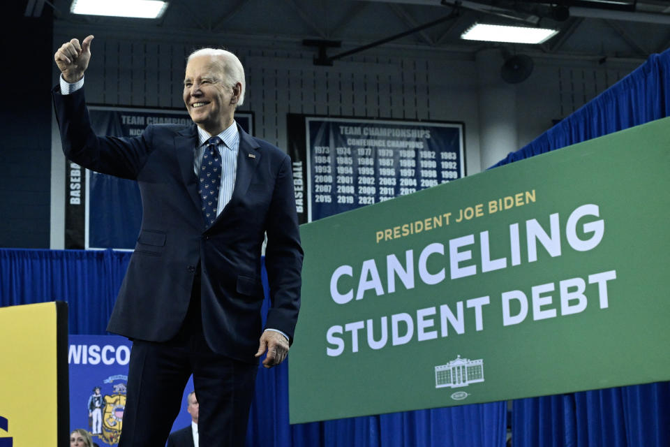 US President Joe Biden gestures after speaking about student loan debt relief at Madison Area Technical College in Madison, Wisconsin, April 8, 2024. (Credit: Andrew Caballero-Reynolds, AFP via Getty Images) 