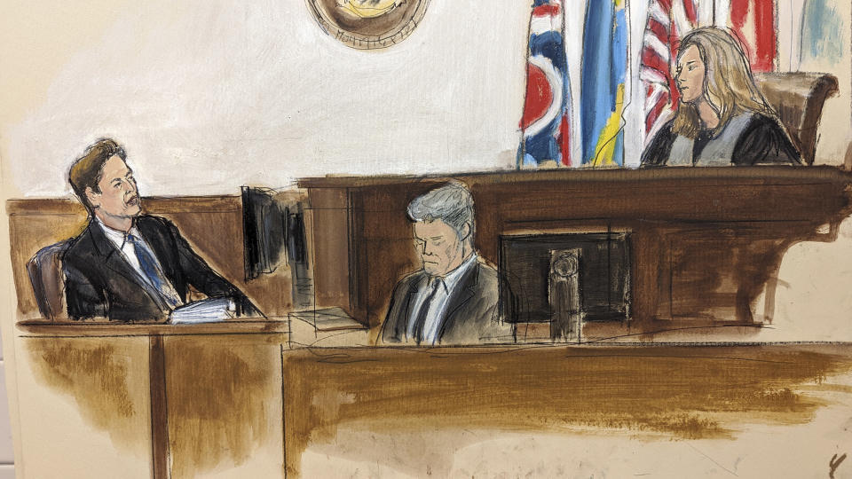 In this courtroom sketch Tesla CEO Elon Musk, left, testifies before Chancellor Kathaleen McCormick, seated right, in a courtroom in Wilmington, Del., on Wednesday, Nov. 16, 2022. Musk is defending himself in a shareholder lawsuit challenging a compensation package he was awarded by the company's board of directors that is potentially worth more than $55 billion. A stenographer is seated at center. (Elizabeth Williams via AP)