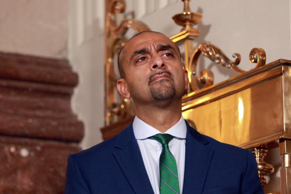 Minister of Housing Ravi Kahlon looks on during an announcement about new legislation that will return short-term rentals to long-term homes for people during a press conference in the rotunda at the legislature Victoria, Monday, Oct. 16, 2023.