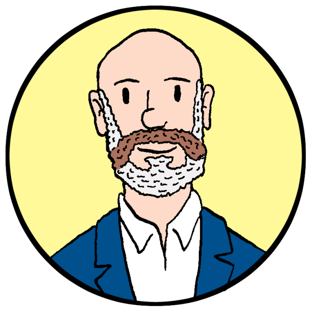 Illustration of a bald man with a beard from District 3 wearing a blue jacket.