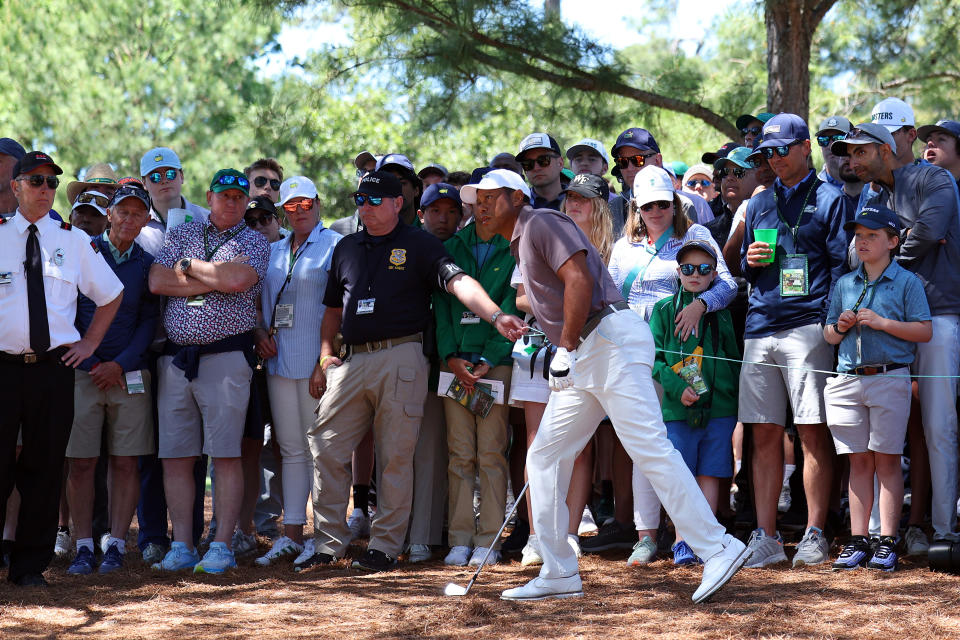 AUGUSTA, GEORGIA - APRIL 12: Tiger Woods of the United States plays a shot on the ninth hole during the second round of the 2024 Masters Tournament at Augusta National Golf Club on April 12, 2024 in Augusta, Georgia. (Photo by Andrew Redington/Getty Images)