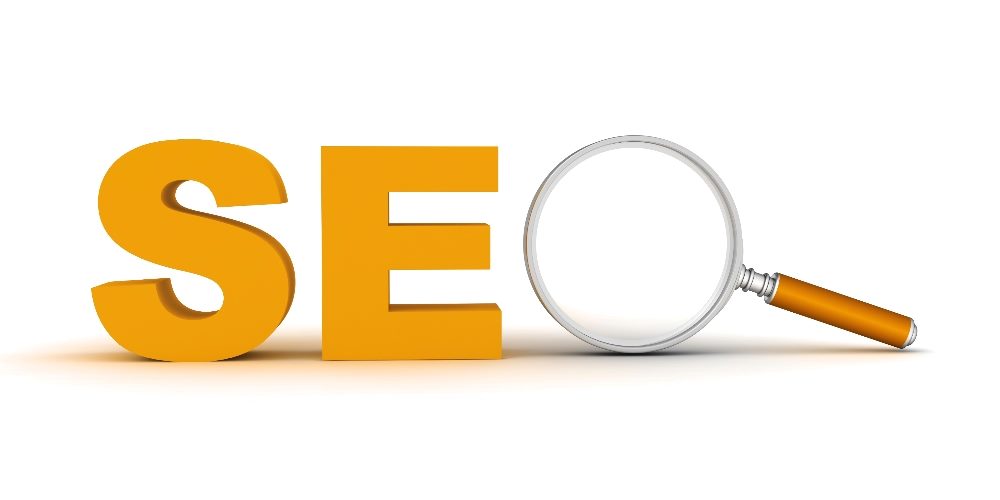 Black letters "S" and "E" sit next to a magnifying glass giving the appearance of an "O" for "SEO" in piece about SEO strategies.