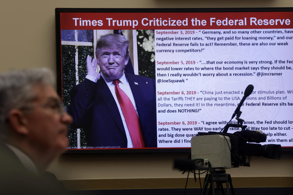 WASHINGTON, DC - FEBRUARY 11:  Federal Reserve Board Chairman Jerome Powell testifies as a photo of U.S. President Donald Trump is shown on a screen during a hearing before House Financial Services Committee February 11, 2020 on Capitol Hill in Washington, DC. The committee held a hearing on 