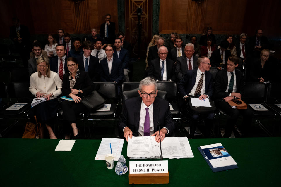 WASHINGTON, DC - MARCH 7: Federal Reserve Bank Chairman Jerome Powell arrives for a Senate Banking, Housing and Urban Affairs Committee hearing on Capitol Hillon March, 7 2024 in Washington, DC. Powell testified during a hearing titled 