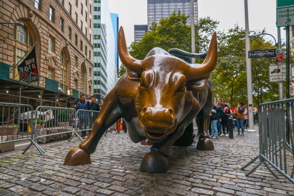Charging Bull bronze sculpture in the Financial District of Manhattan, New York, United States, on October 23, 2022. The sculpture was created by Italian artist Arturo Di Modica in the wake of the 1987 Black Monday stock market crash.  (Photo by Beata Zawrzel/NurPhoto via Getty Images)
