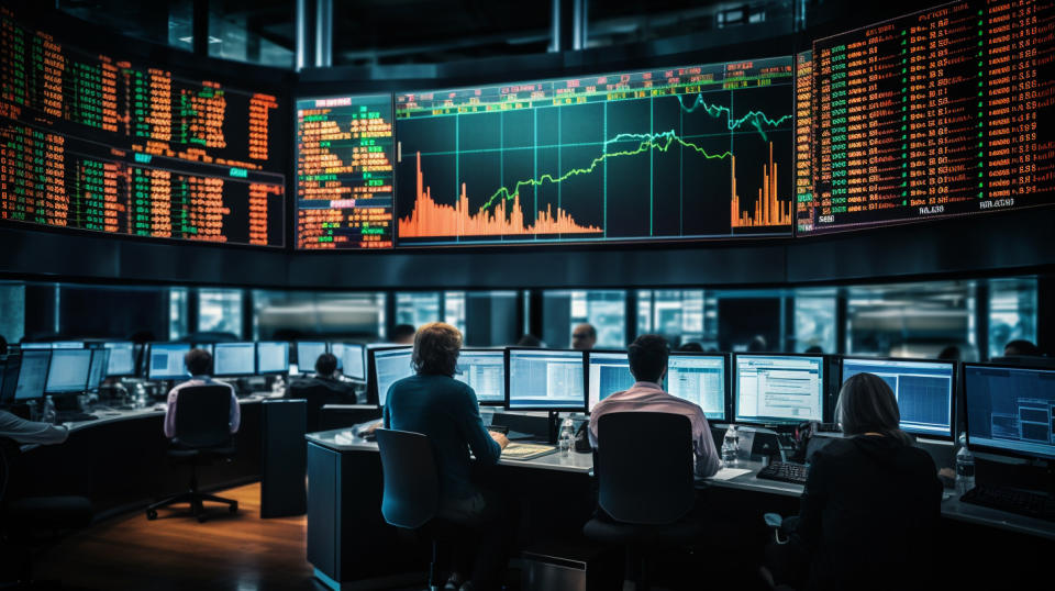 The interior of a busy trading floor, the stock ticker on a screen showing dramatic changes in share prices.