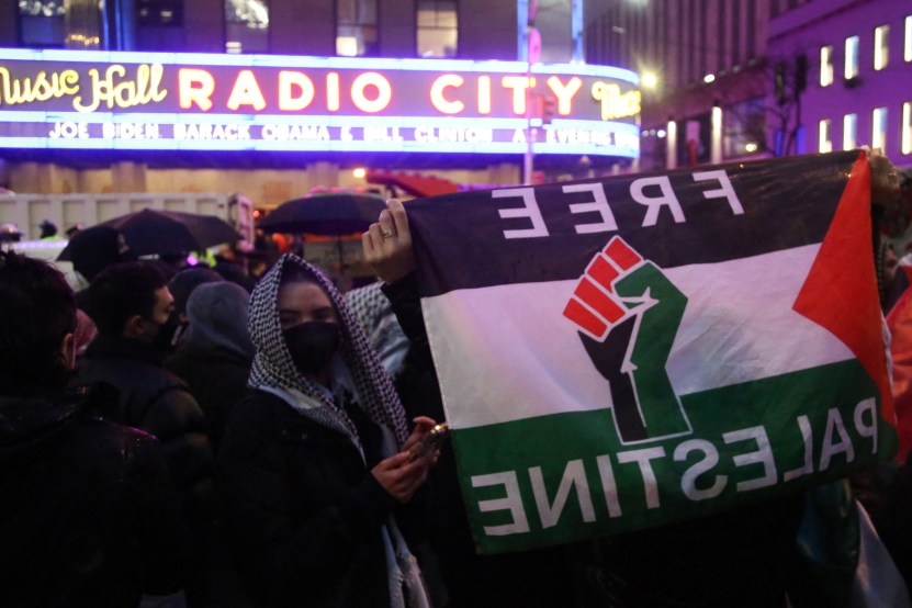 Pro-Palestinian outside President Joe Biden's fundraiser at Radio City Music Hall in New York, March 28, 2024. (Photo by Leonardo Munoz/AFP/Getty Images)