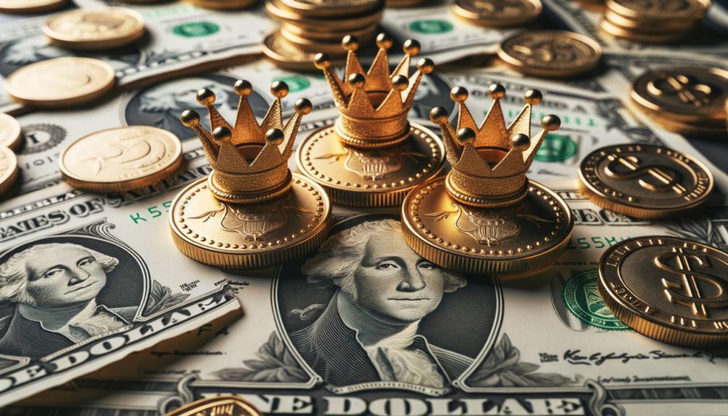 three cryptocurrencies under $10 surrounded by heaps of money and crowns