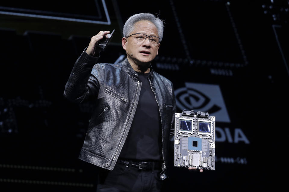 President and CEO of Nvidia Corporation Jensen Huang delivers a speech during the Computex 2024 exhibition in Taipei, Taiwan, Sunday, June 2, 2024. (AP Photo/Chiang Ying-ying)