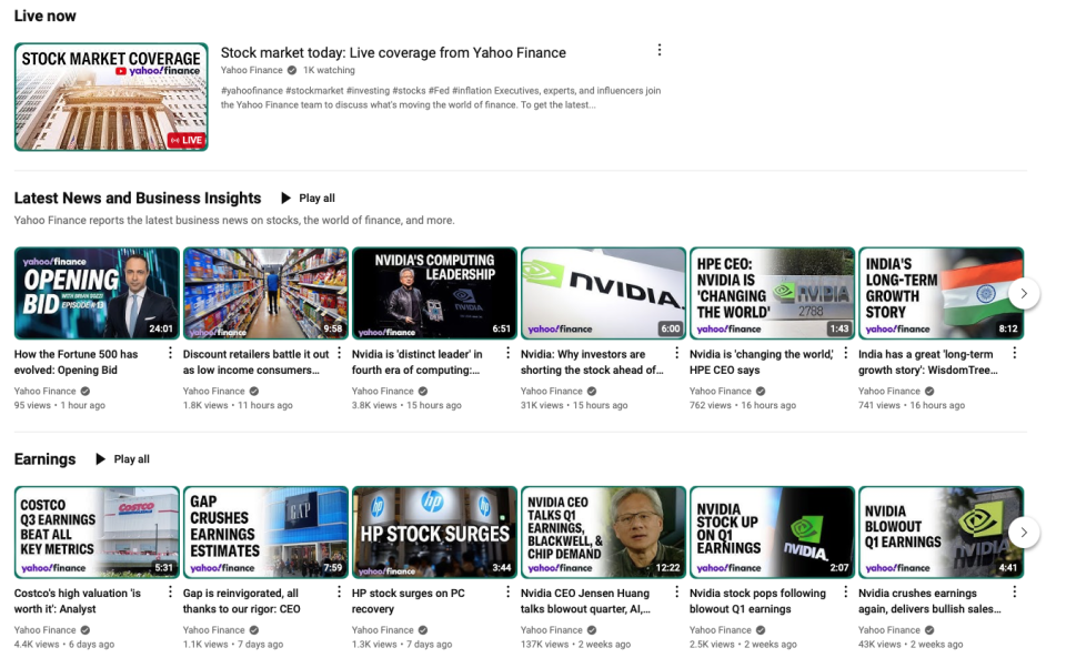 Yahoo Finance programming can be watched on YouTube's website and app. 