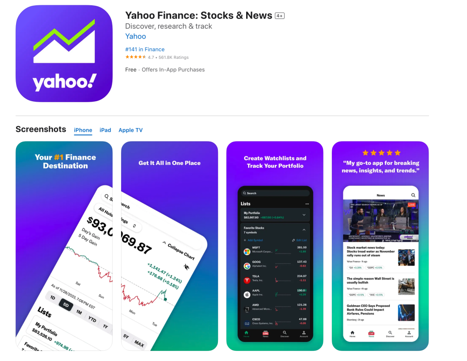 Stream Yahoo Finance content on Apple platforms after downloading it from the app store. 