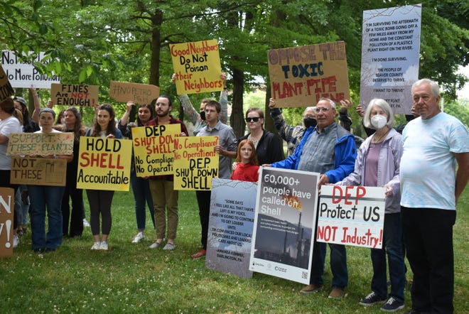 Regional activists rallied in Beaver’s Irvine Park on June 8, 2023, calling for more oversight of Shell’s petrochemical complex in Potter Township.