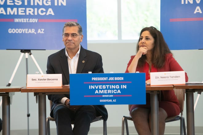 Secretary Xavier Becerra and White House Domestic Policy Council Director Neera Tanden at the announcement of a $500 million investment in health care Navigators at Adelante Healthcare in Goodyear on June 7, 2024.